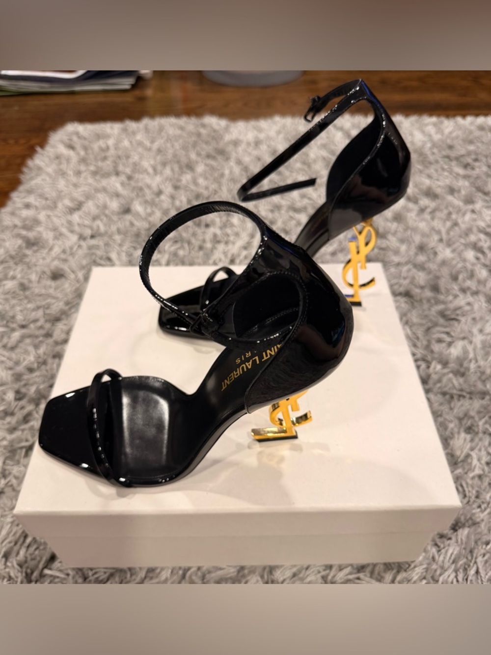 Saint Laurent Black Patent Sandals with Gold YSL Sculpted Heels - Picture 2 of 6